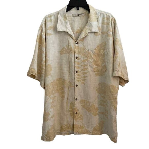 Tommy Bahama 100% Silk Button Up Shirt Yellow Tropical Leaves Aloha Camp Mens XL - Picture 1 of 7